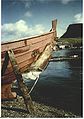 Harbour scene. The stern of this typical Faroese motor boat reminds of the mouth of a shark