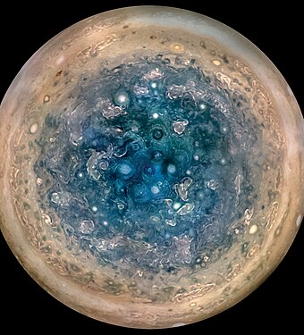 Jupiter's south pole in enhanced color.