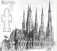 Ontwerp voor de Sint-Willibrorduskerk buiten de Veste, Amsterdam, plattegrond en perspectief . Ca. 1871 date QS:P,+1871-00-00T00:00:00Z/9,P1480,Q5727902 .