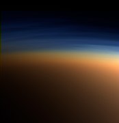 Haze from the atmosphere of Titan.