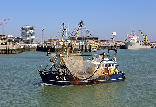 Belgian trawler O.82 Nautilus leaving the port of Ostend (Belgium)