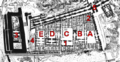 Plan du « Palais Sud » du Babylone : A, B, C, D, E : cours principales. 1 : Salle du trône, 2 : Bâtiment voûté, 3 : Bastion ouest, 4 : Bâtiment perse, 5 : porte d'Ishtar.