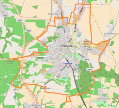 Mapa konturowa Trzebnicy, w centrum znajduje się punkt z opisem „Ratusz w Trzebnicy”