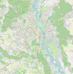 Mapa konturowa Kijowa, w centrum znajduje się punkt z opisem „Międzyregionalna Akademia Zarządzania Personelem”