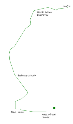 Schéma trolejbusové tratě v Mostě a v Litvínově v roce 1955