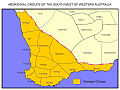 Territoire des tribus Noongar: Bibbulman (Pibelmen) et Menang (Minang) sont représentés sur la côte;