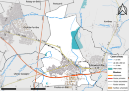 Carte en couleur présentant le réseau hydrographique de la commune