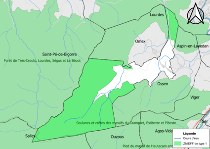 Carte des ZNIEFF de type 1 sur la commune.