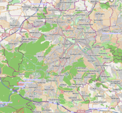 Mapa konturowa Stuttgartu, po prawej nieco u góry znajduje się punkt z opisem „Stuttgart Nürnberger Straße”