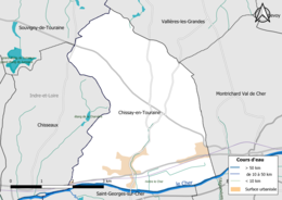 Carte en couleur présentantle réseau hydrographique de la commune