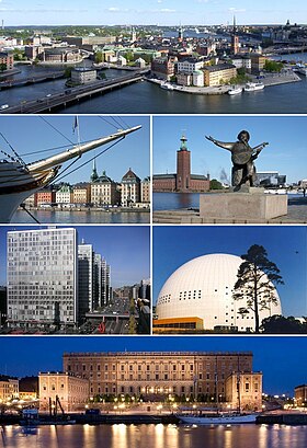 Ảnh chụp từ trên không của Phố cổ, Skeppsbron, Tòa thị chính Stockholm, dãy nhà Hötorget, Ericsson Globe và Cung điện Stockholm.