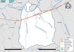 Carte en couleur présentant le réseau hydrographique de la commune