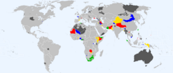 แผนที่แสดงสมาชิก UNPO ทั่วโลก อดีตสมาชิกอยู่ในสีเทาเข้ม