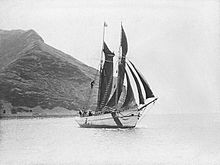 Photographie d'une goélette à deux mats dans un estuaire. En fond une île volcanique à forte pente.