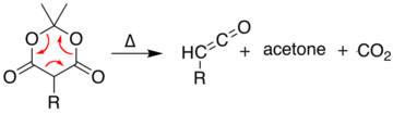 Pyrolyse van Meldrum's zuur waarbij keteen, aceton en CO2 ontstaan