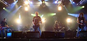 The Offspring performing in 2008 in Fortaleza, Brazil Pictured: Greg K., Dexter Holland, Andrew Freeman and Noodles