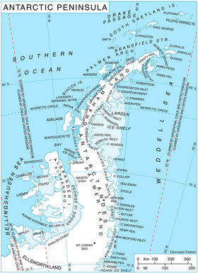 Carte des Antarctandes au sein de la péninsule Antarctique.