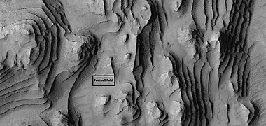 Close view of layers, as seen by HiRISE under HiWish program. Box shows size of football field.