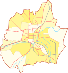 Mapa konturowa Częstochowy, blisko centrum na prawo u góry znajduje się punkt z opisem „Częstochowa Aniołów”