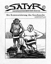 Titelblatt der Satirezeitschrift Satyr von 1919: Karikatur zeigt Friedrich Ebert als Eber und Gustav Noske als Affe in Badehosen im Wasser.