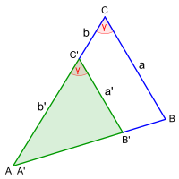 S:W:S-Satz a : a' = (b + b') : b', die eingeschlossenen Winkel (γ, γ') stimmen überein