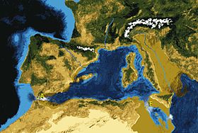 Vue d'artiste de l'inondation de la Méditerranée par le détroit de Gibraltar (A) et le canal de Sicile (F).