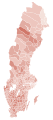 Map showing the voting shifts from the 1985 to the 1988 election. Darker blue indicates a municipality voted more towards the parties that formed the centre-right bloc. Darker red indicates a municipality voted more towards the parties that form the left-wing bloc.