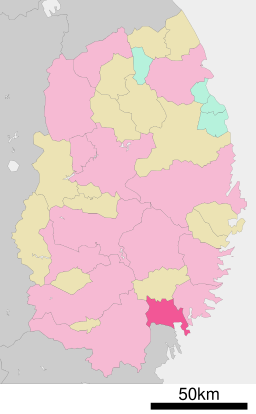 Rikuzentakatas läge i Iwate prefektur Städer:      Signifikanta städer      Övriga städer Landskommuner:      Köpingar      Byar