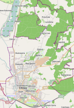 Mapa konturowa Elbląga, na dole po lewej znajduje się punkt z opisem „Zamek w Elblągu”