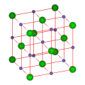 La kristalsistemo de natria klorido. Ĉiu atomo havas ses plej proksimajn najbarojn, kun okedra geometrio.