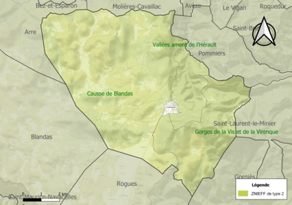 Carte des ZNIEFF de type 2 sur la commune.