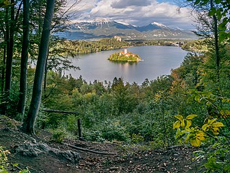 L'île et le lac de Bled, devant les Karavanke, en Haute-Carniole (Slovénie). (définition réelle 4 833 × 3 639)