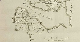 Detail van een getekende kaart in de Middelburgsche Courant d.d. 24 maart 1906, de gebieden aangegeven met een cijfer zijn overstroomd, de gebieden aangegeven met een letter werden met overstroming bedreigd