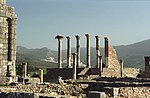 Colonnes du temple capitolain sur le cité archéologique de la cité romaine de Volubilis au Maroc.