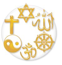 Six religious symbols set in a circle. These symbols represent, clockwise from top: Judaism, Islam, Buddhism, Hinduism, Taoism and Christianity.