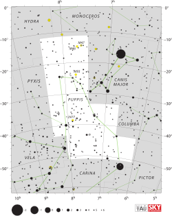 Diagram showing star positions and boundaries of the constellation of Puppis and its surroundings