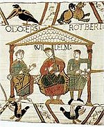 Odon de Bayeux (à gauche) conversant avec le duc Guillaume et son frère Robert (à droite)