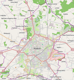 Mapa konturowa Radomia, na dole znajduje się punkt z opisem „Ustronie”