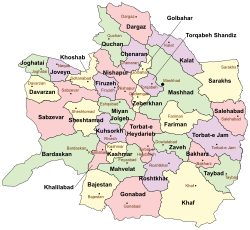 Location of Bardaskan County in Razavi Khorasan province (bottom left, green)