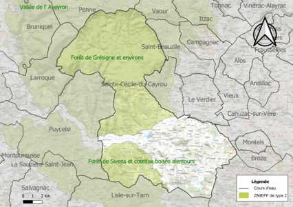 Carte des ZNIEFF de type 2 sur la commune.