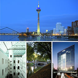 Düsseldorf skyline with Rheinturm và Neuer Zollhof, inside Kunstsammlung Nordrhein-Westfalen, Germany's busiest and upscale shopping street Königsallee và Stadttor