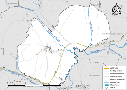 Carte en couleur présentant le réseau hydrographique de la commune