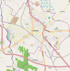 Mapa konturowa Siedlec, blisko centrum u góry znajduje się ikonka pałacu z opisem „Pałac w Siedlcach”