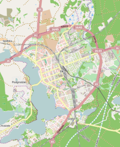 Mapa konturowa Ełku, w centrum znajduje się punkt z opisem „Katedra św. Wojciecha w Ełku”