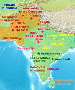 Influence (full line) of Indo-Parthian influence outside their homeland in eastern Iran.