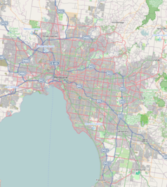 Mapa konturowa Melbourne, blisko lewej krawiędzi nieco na dole znajduje się punkt z opisem „Royal Australian Air Force Museum”