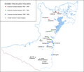 Cronologia coloniilor germane în Dobrogea de-a lungul timpului, reprezentate în anumite perioade de fondare pe această hartă.