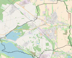 Mapa konturowa Pyskowic, po prawej znajduje się punkt z opisem „Parafia Ewangelicko-Augsburska w Pyskowicach”