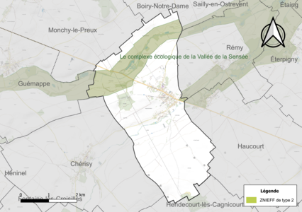 Carte de la ZNIEFF de type 2 sur la commune.