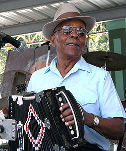 Bois Sec playing at the 2002 Festivals Acadiens in Lafayette, LA. He is sitting.